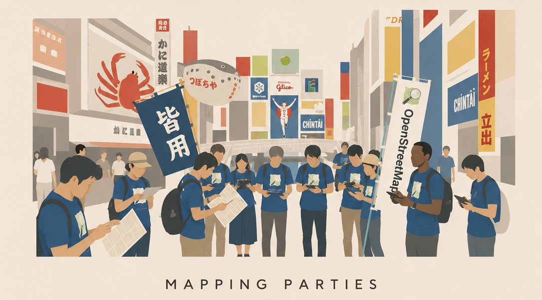 Illustration of participants joining a mapping party in Osaka